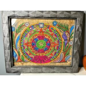 Vintage Mexican Aztec Calendar Framed Wall Art Neon Folk Decor